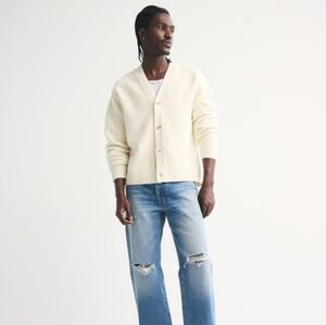 Abercrombie Men's Preppy Cardigan V-Neck Easy-Fitting Sweater Cream Size M